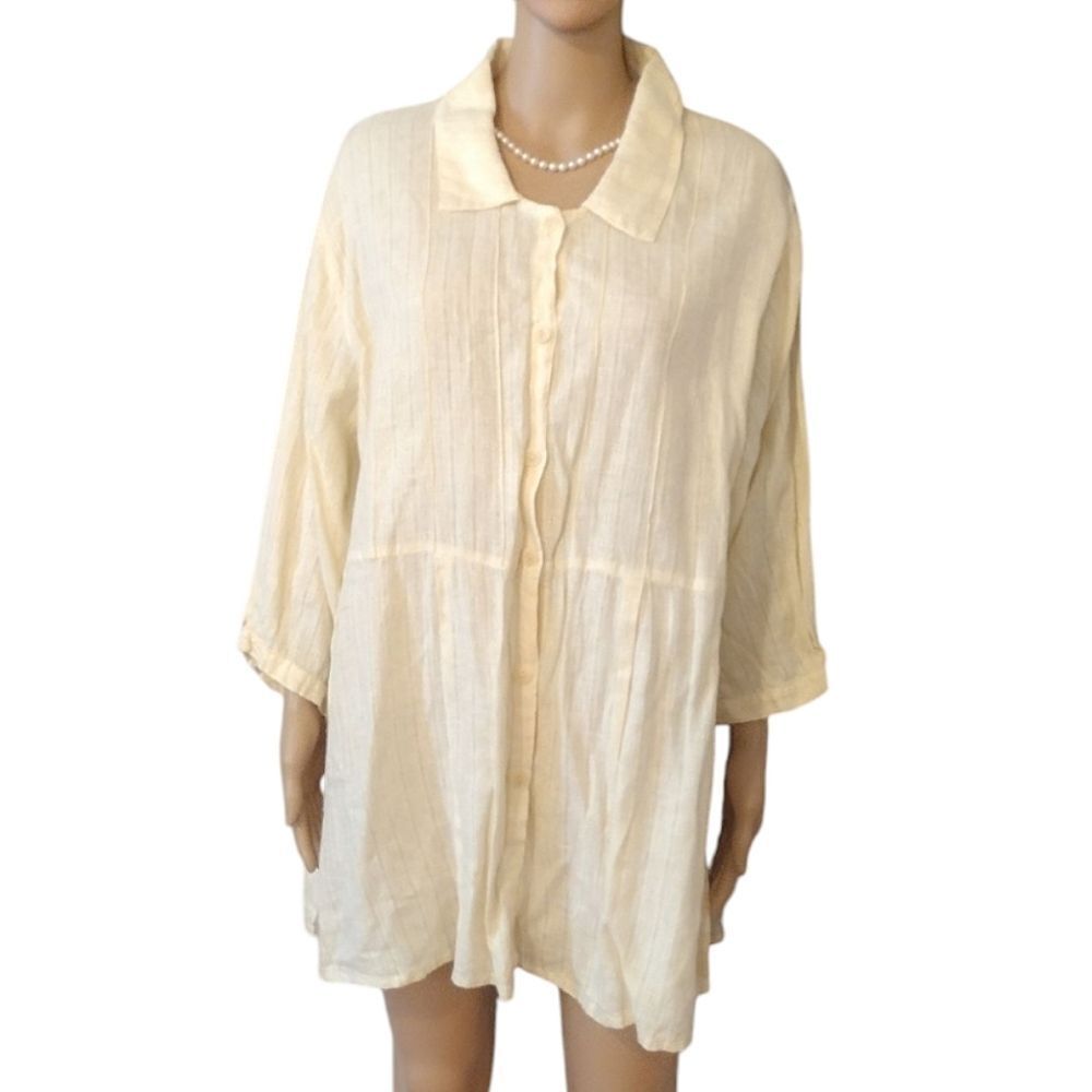 FLAX Women's Size Medium 100% Linen Yellow Long Button Down Blouse